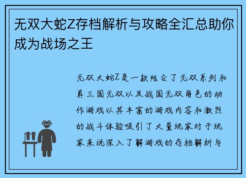 无双大蛇Z存档解析与攻略全汇总助你成为战场之王